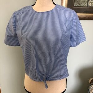 Tie Front Stripe Short Sleeve Blouse
